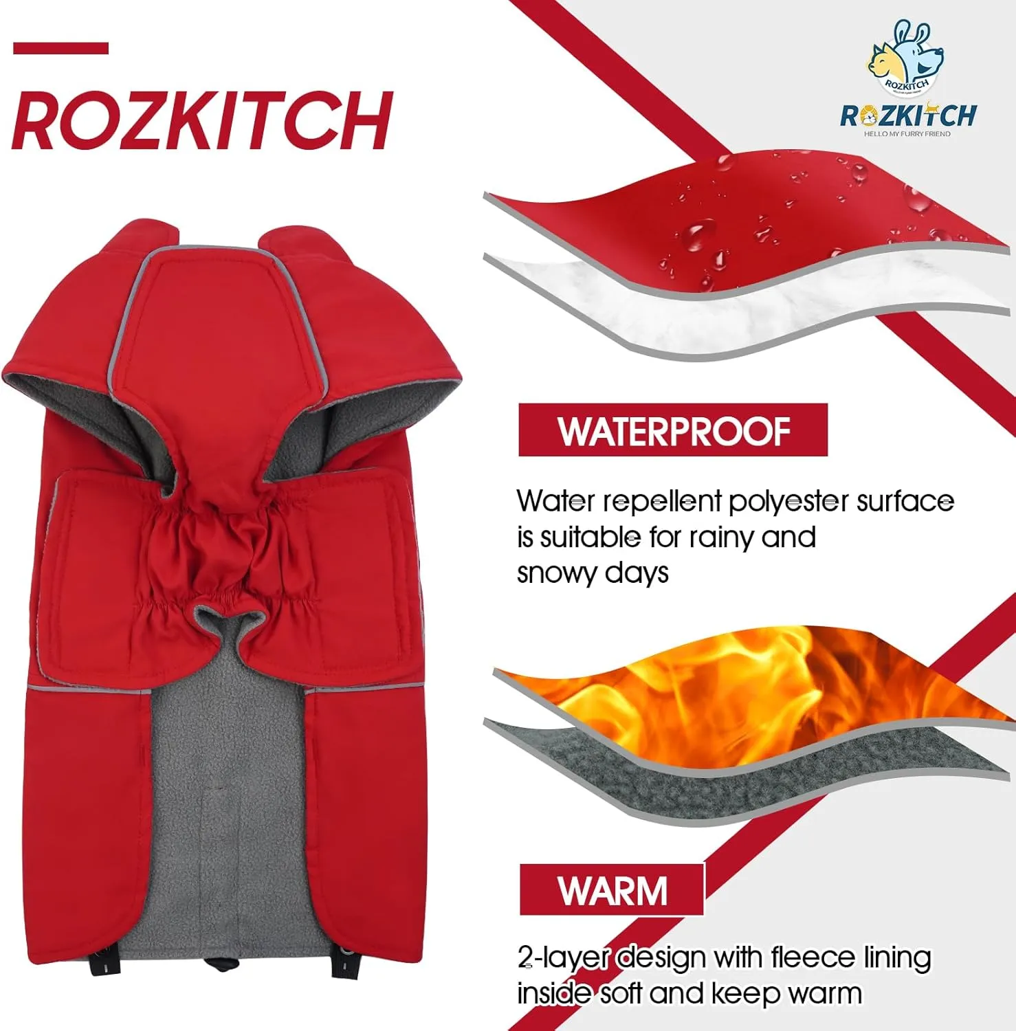 ROZKITCH Dog Raincoat Jacket Waterproof Windproof Dog Rain Jacket with Fleece Liner and Leash Hole Reflective Strip for Medium Large Dog, Adjustable Poncho Vest for Outdoor Hiking Travel Red 2XL