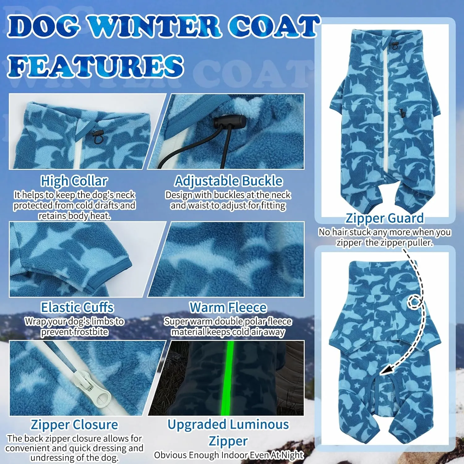 ROZKITCH Dog Winter Coat Soft Fleece Pullover Pajamas, Pet Windproof Warm Cold Weather Jacket Vest with Luminous Zipper, Jumpsuit Apparel Outfit Clothes for Small Medium Large Dog Shark L