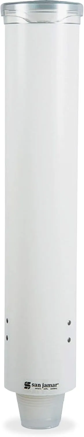 San Jamar Small Pull-Type Cup Dispenser Fits 3-4.5 Oz Cone Cups, 3-5 Oz Flat Cups with Flip Caps for Restaurants, Dining Halls, and Fast Food, Plastic, 16 Inches, White