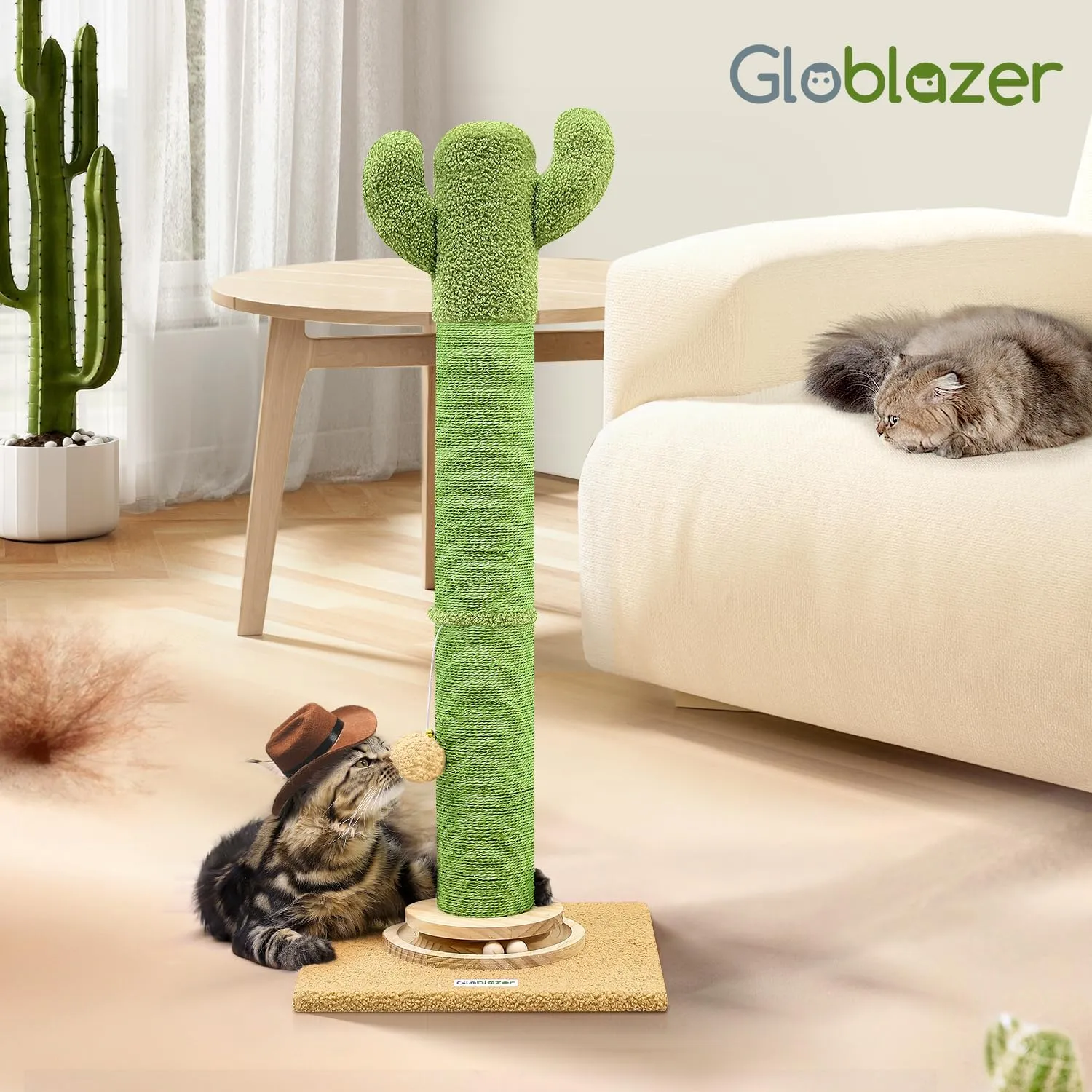 SC37 Extra Thick Scratching Posts for Indoor Large Cats Adults, 37inch Cactus Cat Scratching Post Cat Scratcher Cute Sisal Scratching Post with Modern Wooden Ball Tracking Interactive Toys
