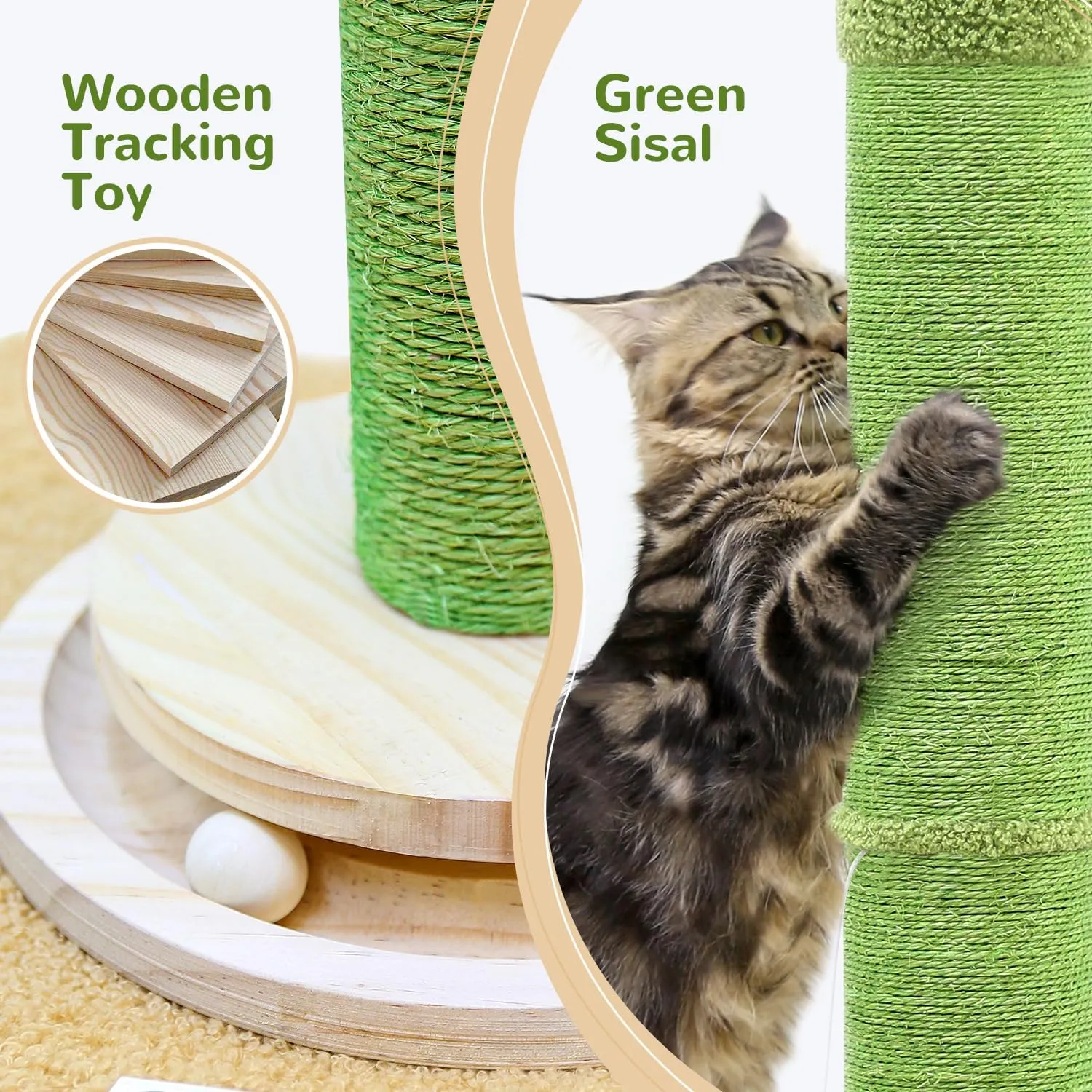 SC37 Extra Thick Scratching Posts for Indoor Large Cats Adults, 37inch Cactus Cat Scratching Post Cat Scratcher Cute Sisal Scratching Post with Modern Wooden Ball Tracking Interactive Toys