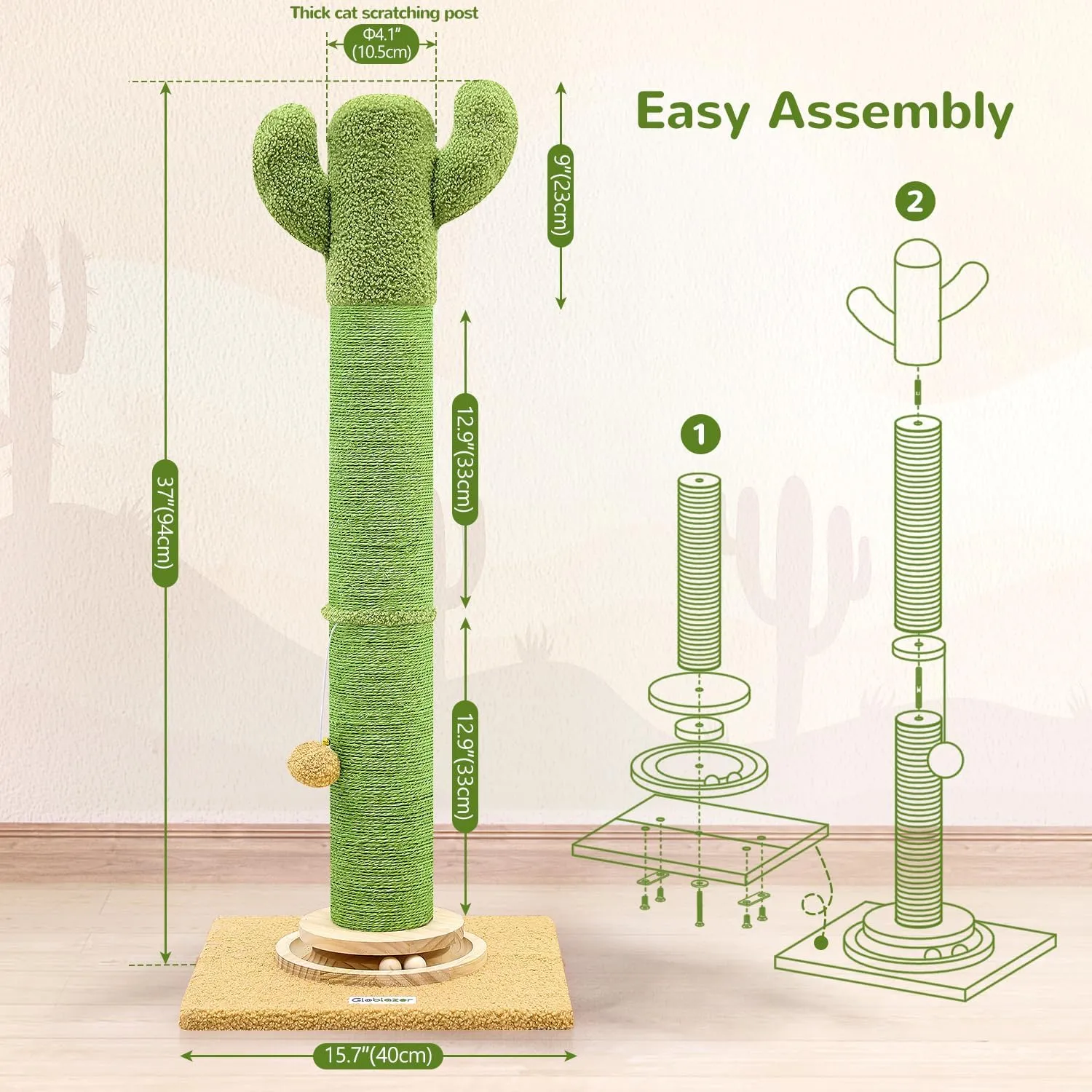 SC37 Extra Thick Scratching Posts for Indoor Large Cats Adults, 37inch Cactus Cat Scratching Post Cat Scratcher Cute Sisal Scratching Post with Modern Wooden Ball Tracking Interactive Toys