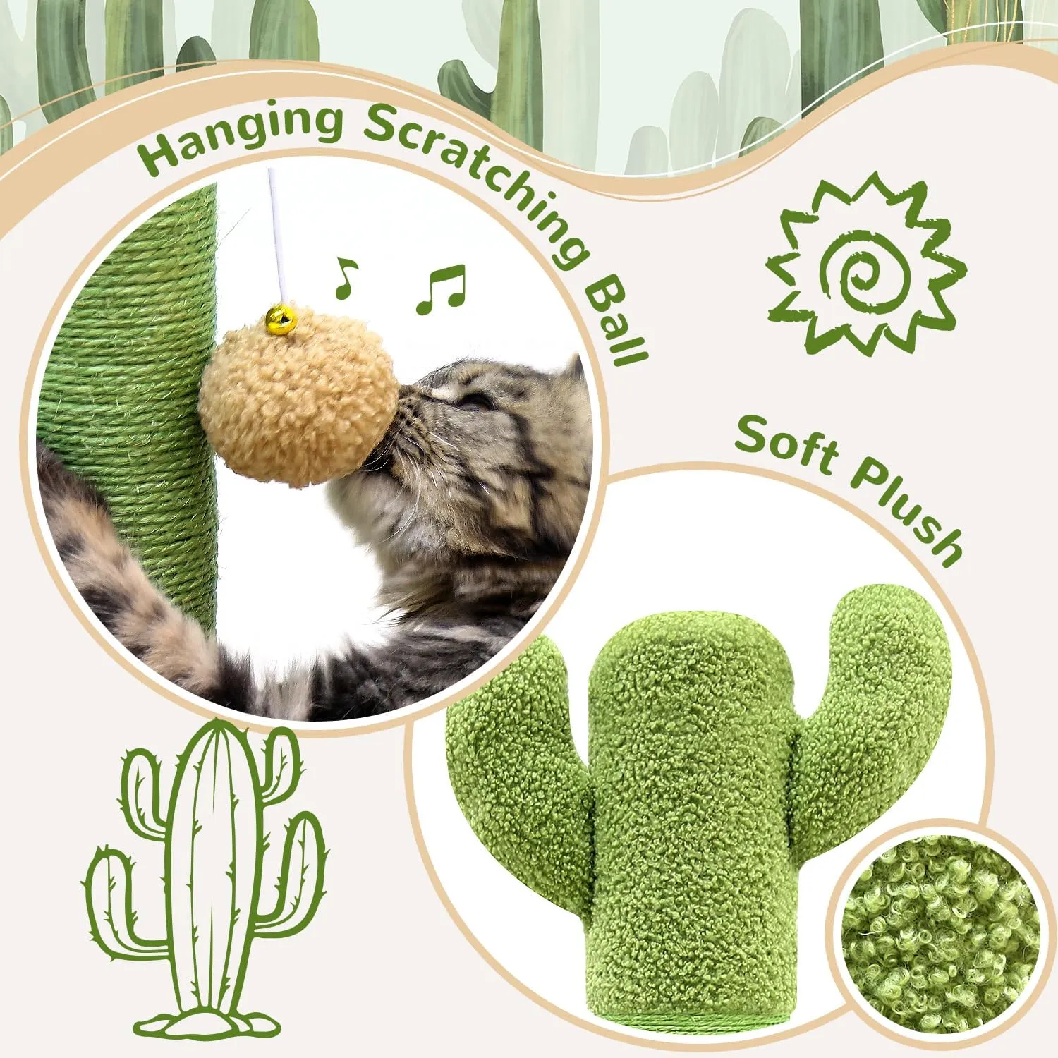 SC37 Extra Thick Scratching Posts for Indoor Large Cats Adults, 37inch Cactus Cat Scratching Post Cat Scratcher Cute Sisal Scratching Post with Modern Wooden Ball Tracking Interactive Toys