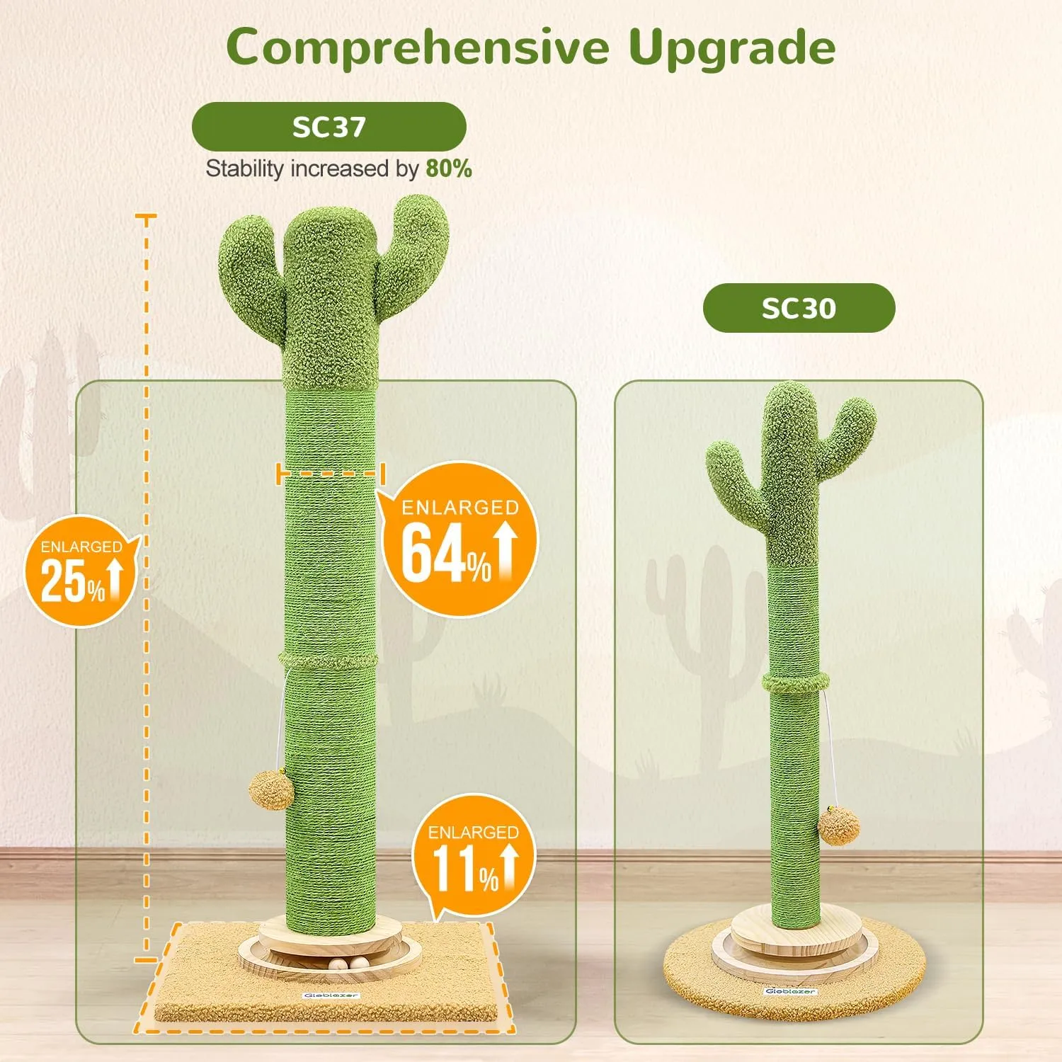 SC37 Extra Thick Scratching Posts for Indoor Large Cats Adults, 37inch Cactus Cat Scratching Post Cat Scratcher Cute Sisal Scratching Post with Modern Wooden Ball Tracking Interactive Toys