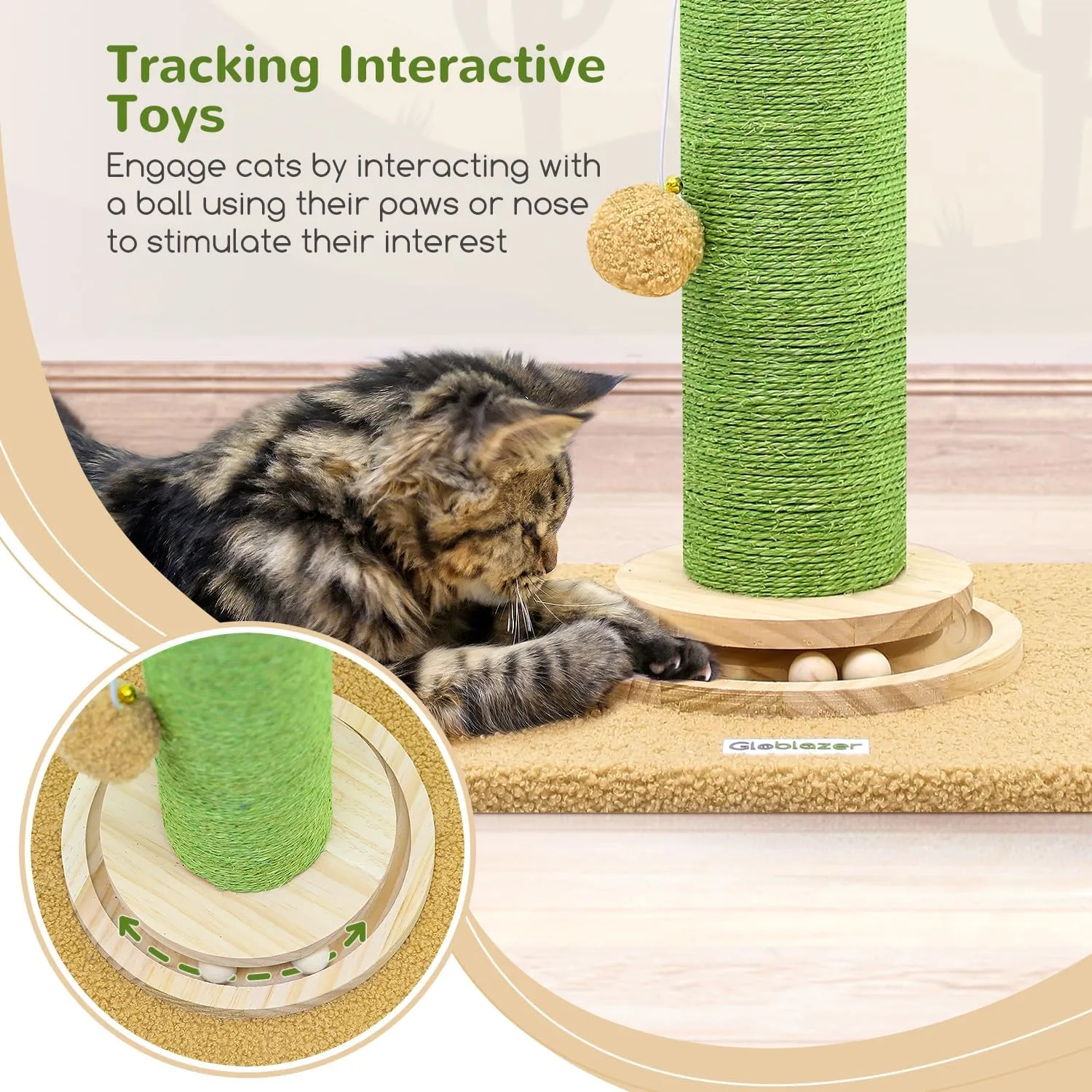 SC37 Extra Thick Scratching Posts for Indoor Large Cats Adults, 37inch Cactus Cat Scratching Post Cat Scratcher Cute Sisal Scratching Post with Modern Wooden Ball Tracking Interactive Toys