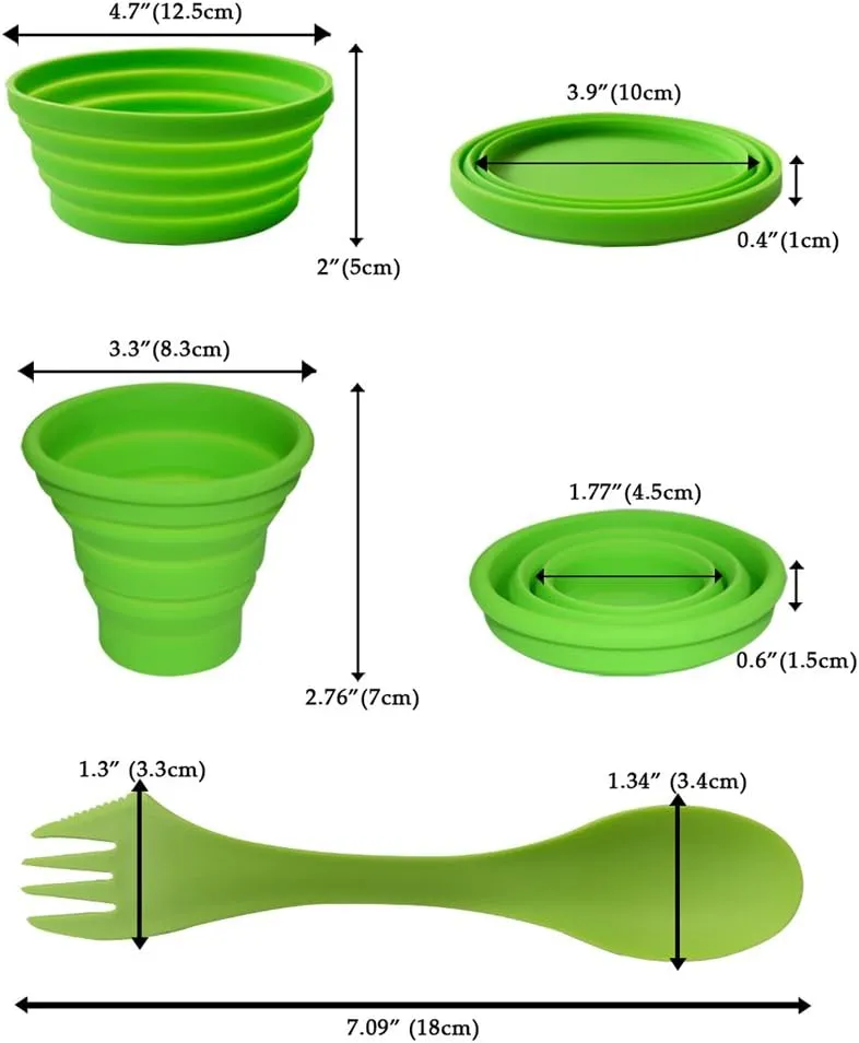 Silicone Collapsible Bowl Cup Set with Spork for Outdoor Camping Hiking Travel - Set of 3