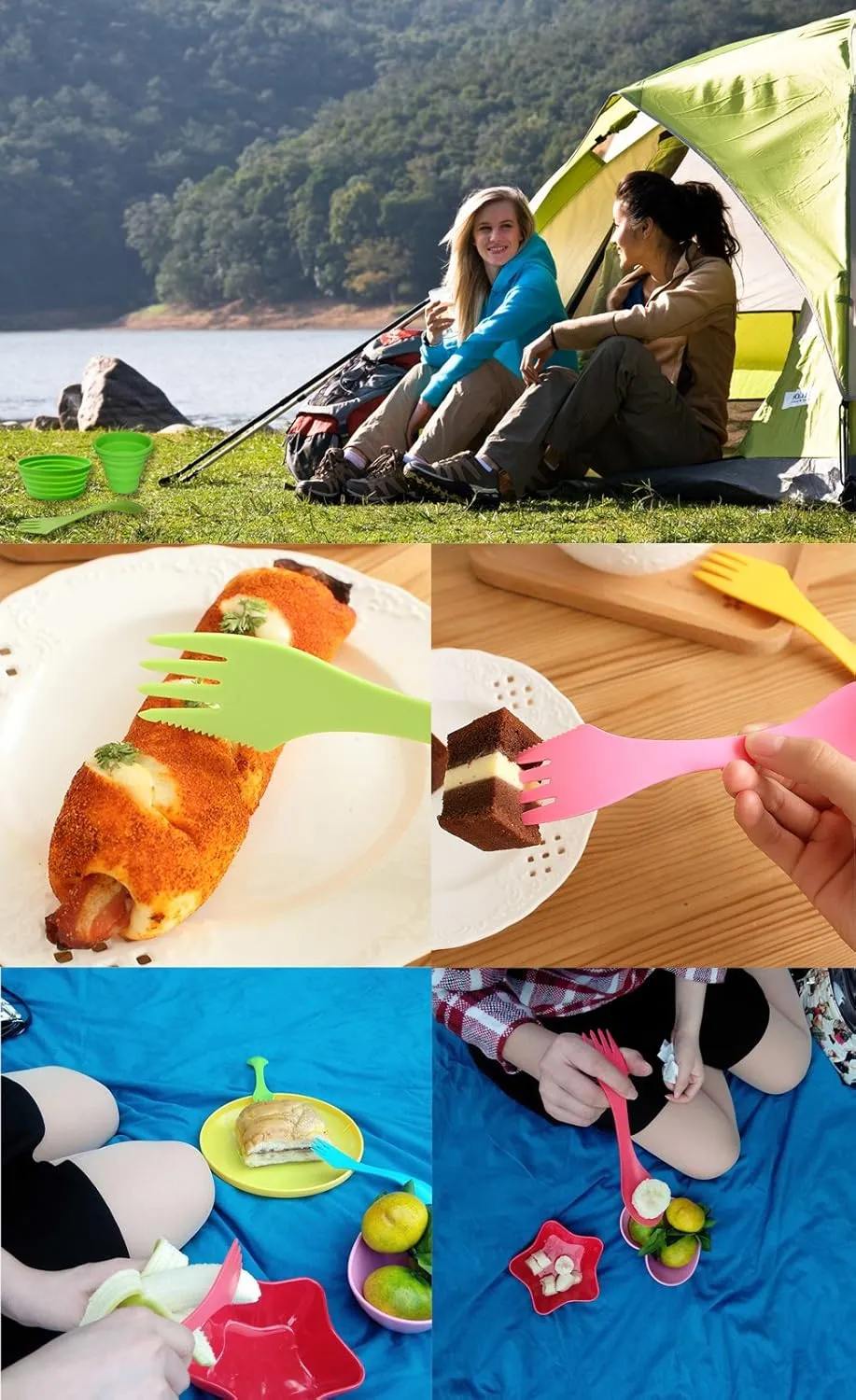 Silicone Collapsible Bowl Cup Set with Spork for Outdoor Camping Hiking Travel - Set of 3