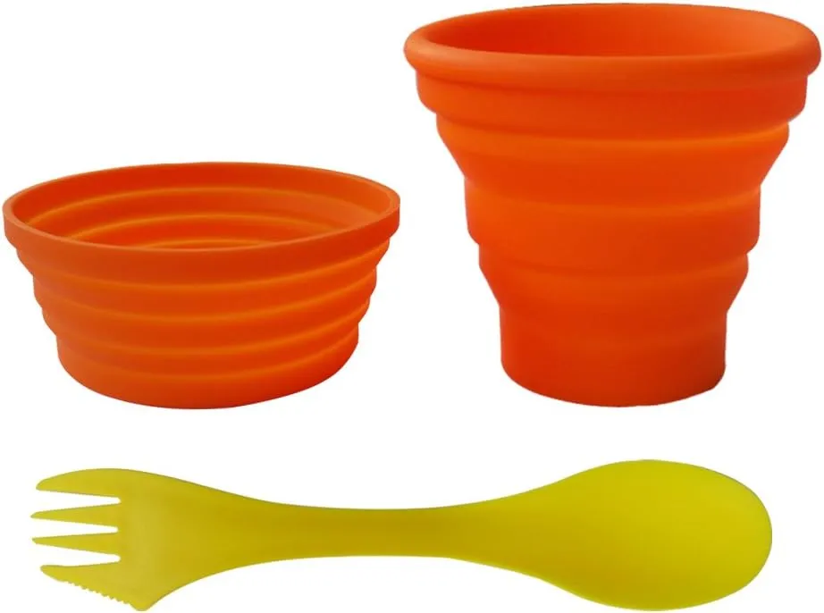 Silicone Collapsible Bowl Cup Set with Spork for Outdoor Camping Hiking Travel - Set of 3