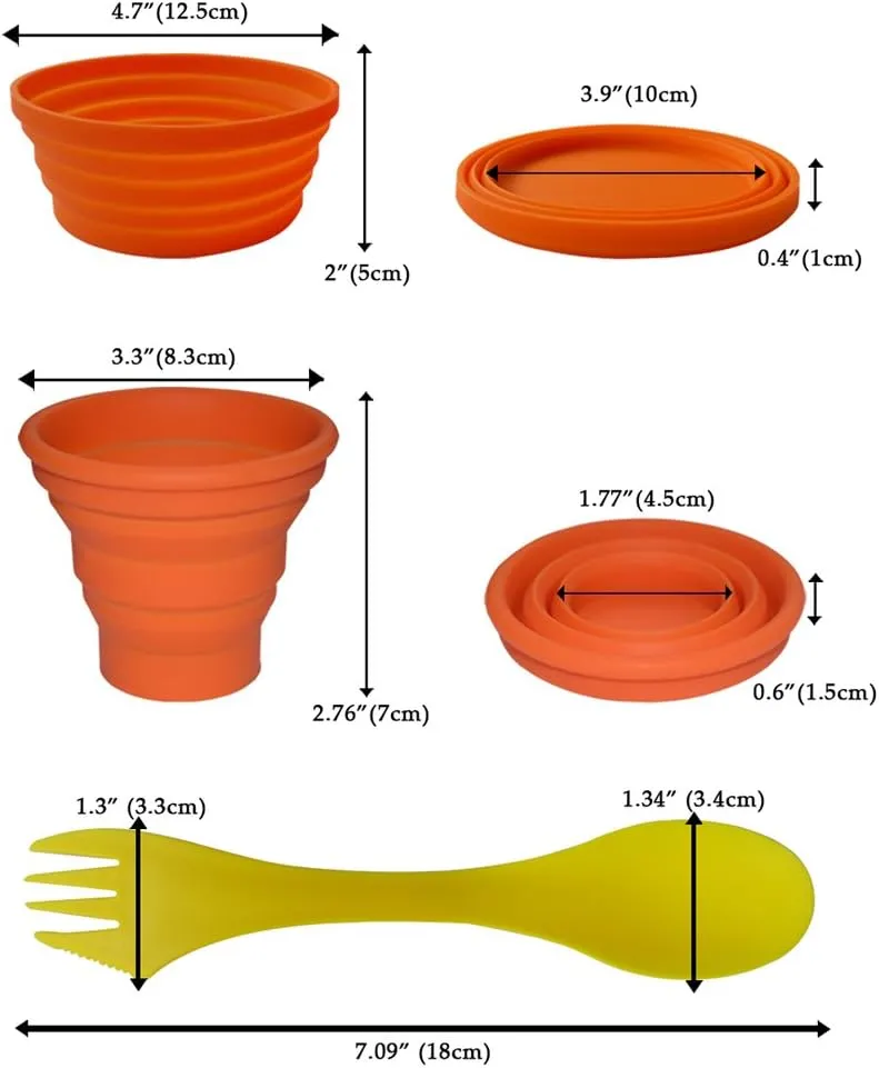 Silicone Collapsible Bowl Cup Set with Spork for Outdoor Camping Hiking Travel - Set of 3