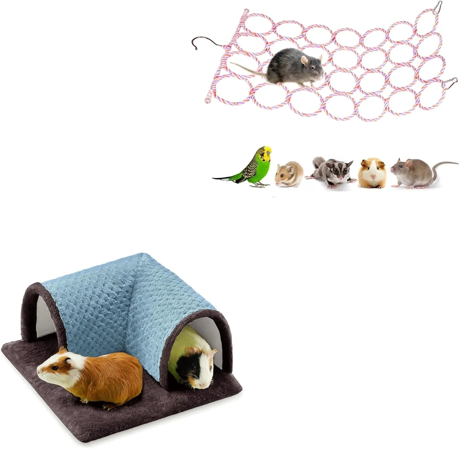 Small Pet Activity Set - Rat Climbing Rope Net and Guinea Pig Fleece Tunnel for Mice Hamsters Chinchillas Cage Accessories Random Color and Blue
