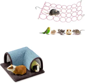 Small Pet Activity Set - Rat Climbing Rope Net and Guinea Pig Fleece Tunnel for Mice Hamsters Chinchillas Cage Accessories Random Color and Blue