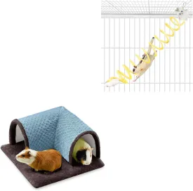Small Pet Combo Set Elastic Climbing Rope with Cozy Hideout Tunnel Cage Accessories for Sugar Gliders Rats Hamsters Hedgehogs 1PC Random Color Rope and Blue Tunnel