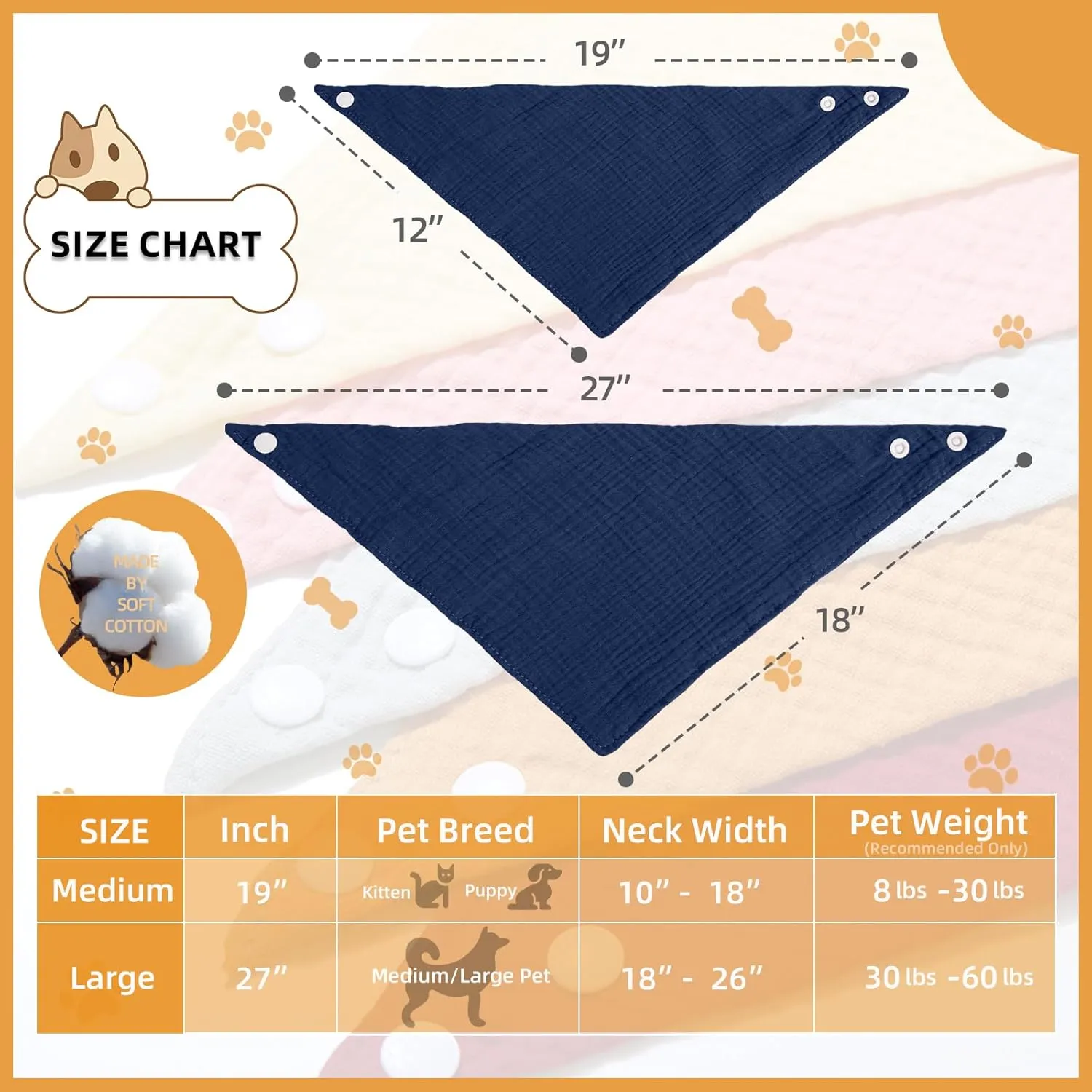 Soft Cotton Pet Scarf with Adjustable Button - Solid Color Dog Bandanas,Navy,Large