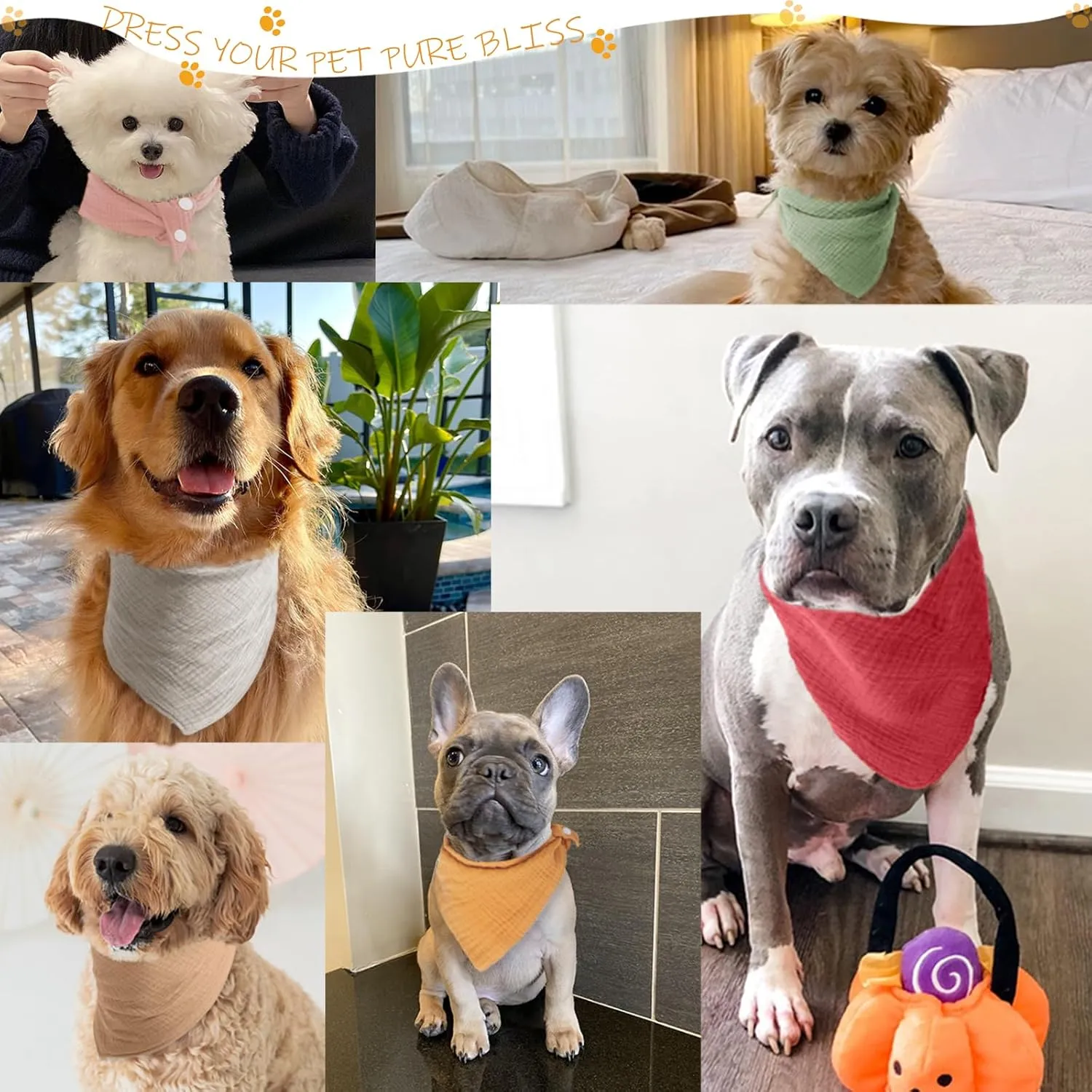 Soft Cotton Pet Scarf with Adjustable Button - Solid Color Dog Bandanas,Navy,Large