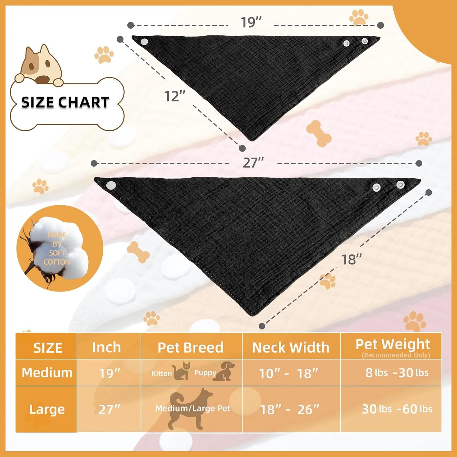 Solid Color Bandana for Large Dogs with Adjustable Button Pet's Scarf,Black,Large