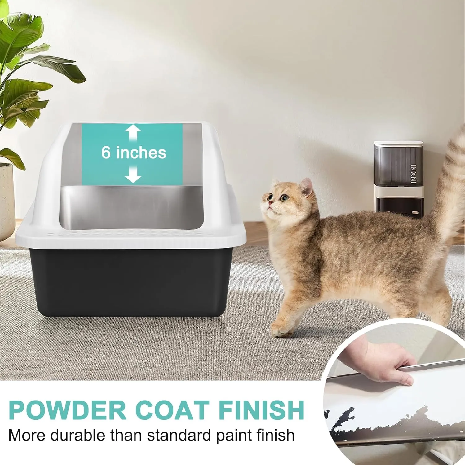 Stainless Steel Cat Litter Box with Lid, XL Extra Large for Big Cats, High Sided Enclosed Anti-Urine Leakage, All-Metal Litter Scoop White Cover(Black Coated)