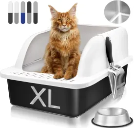 Stainless Steel Cat Litter Box with Lid, XL Extra Large for Big Cats, High Sided Enclosed Anti-Urine Leakage, All-Metal Litter Scoop White Cover(Black Coated)