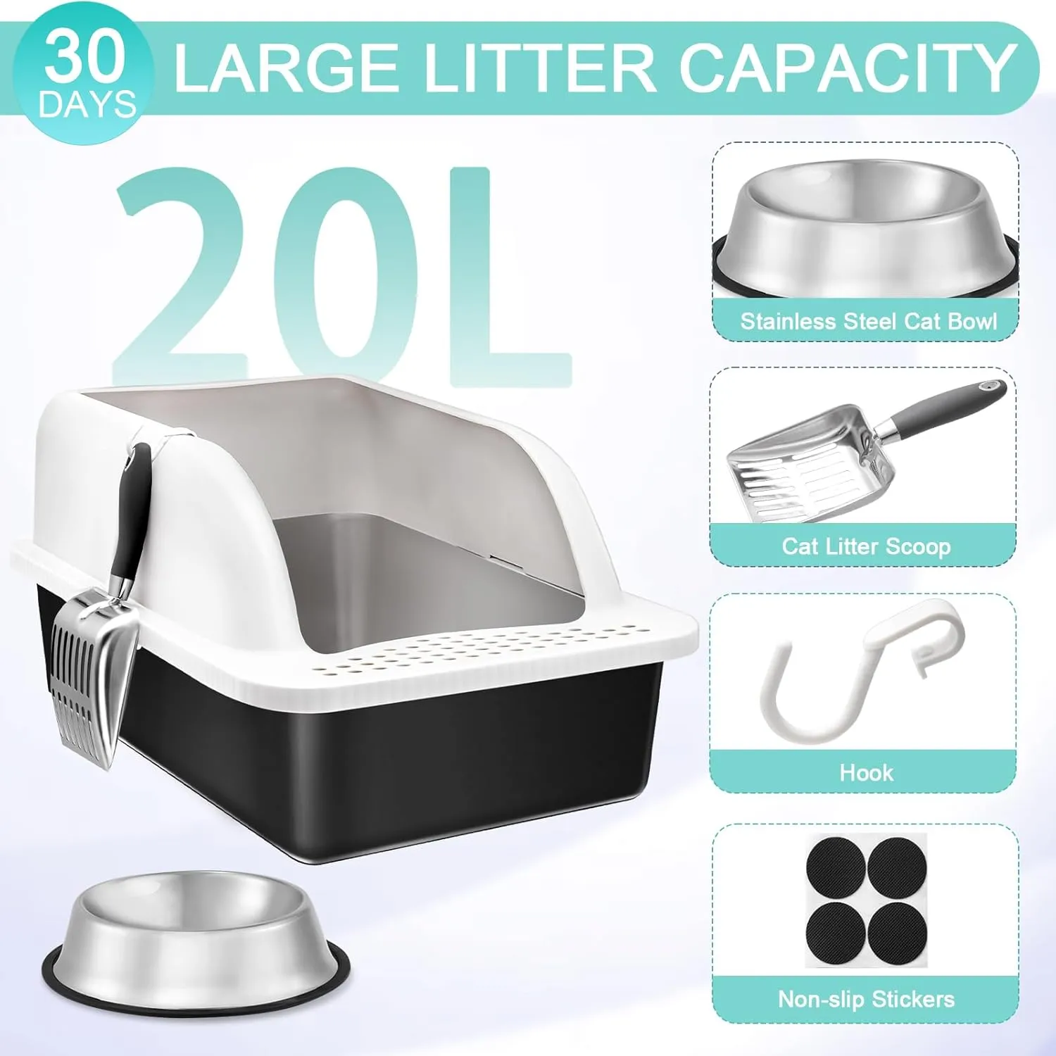 Stainless Steel Cat Litter Box with Lid, XL Extra Large for Big Cats, High Sided Enclosed Anti-Urine Leakage, All-Metal Litter Scoop White Cover(Black Coated)