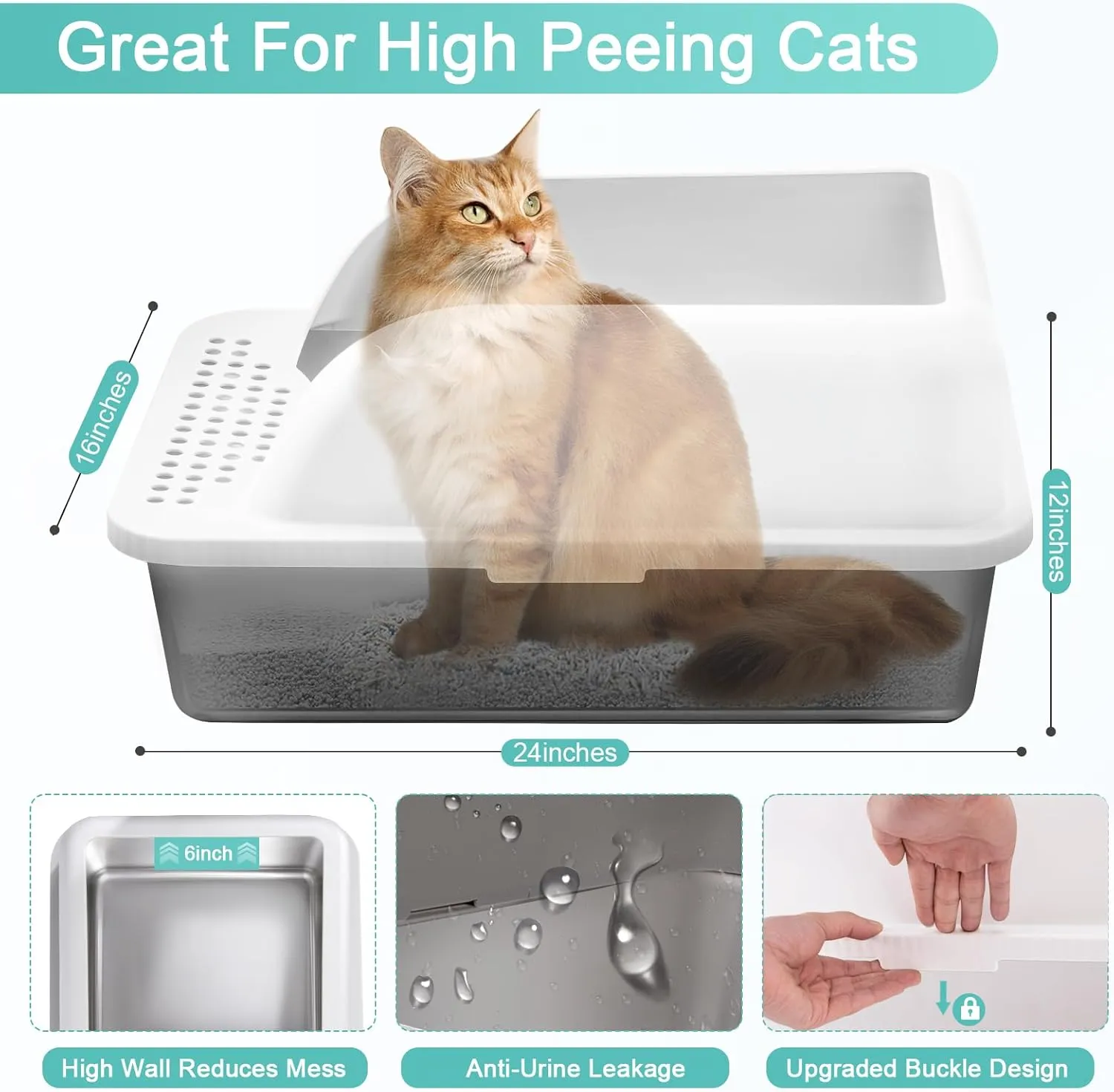 Stainless Steel Cat Litter Box with Lid, XL Extra Large for Big Cats, High Sided Enclosed Anti-Urine Leakage, All-Metal Litter Scoop White Cover(Black Coated)
