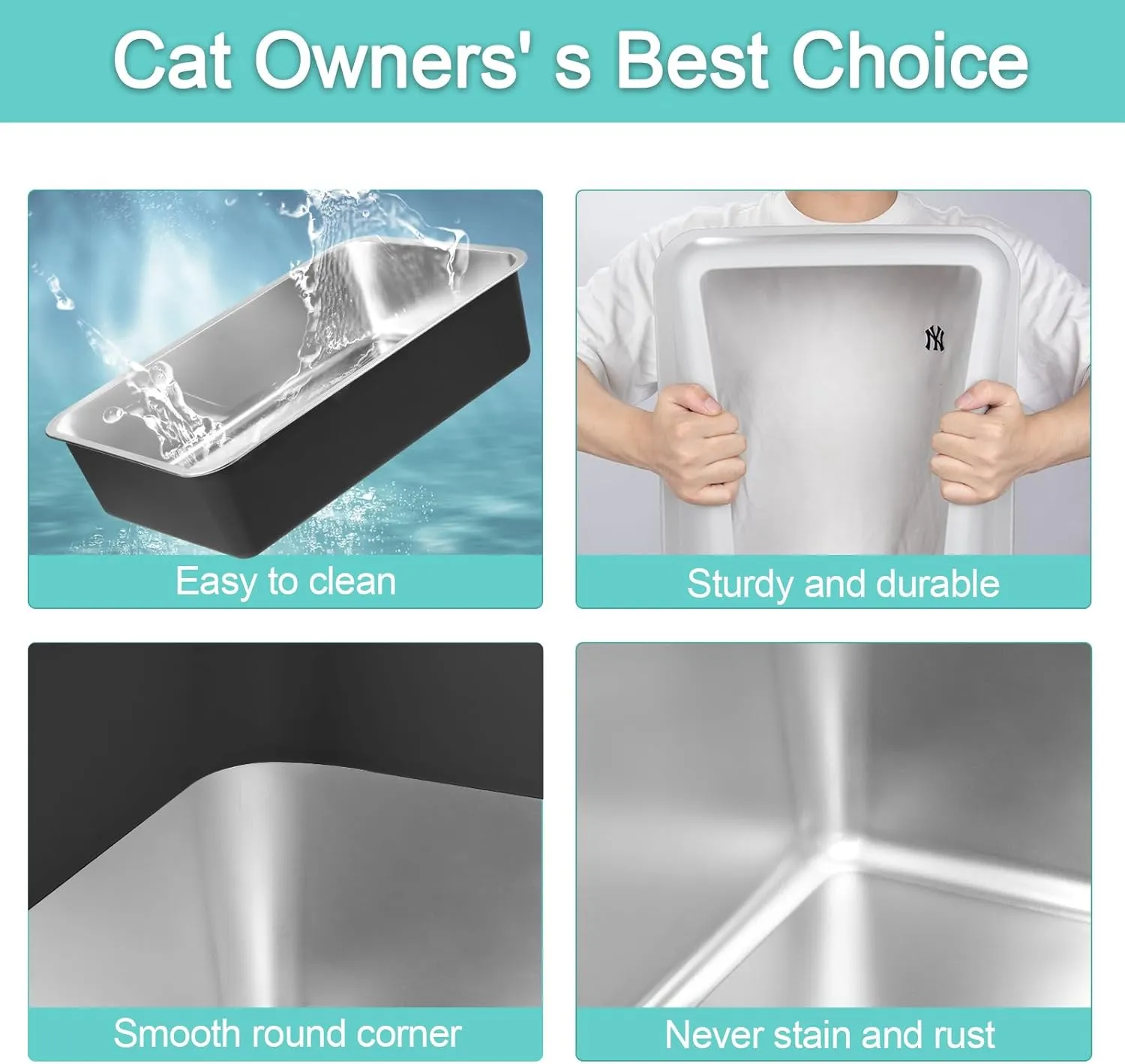 Stainless Steel Cat Litter Box with Lid, XL Extra Large for Big Cats, High Sided Enclosed Anti-Urine Leakage, All-Metal Litter Scoop White Cover(Black Coated)