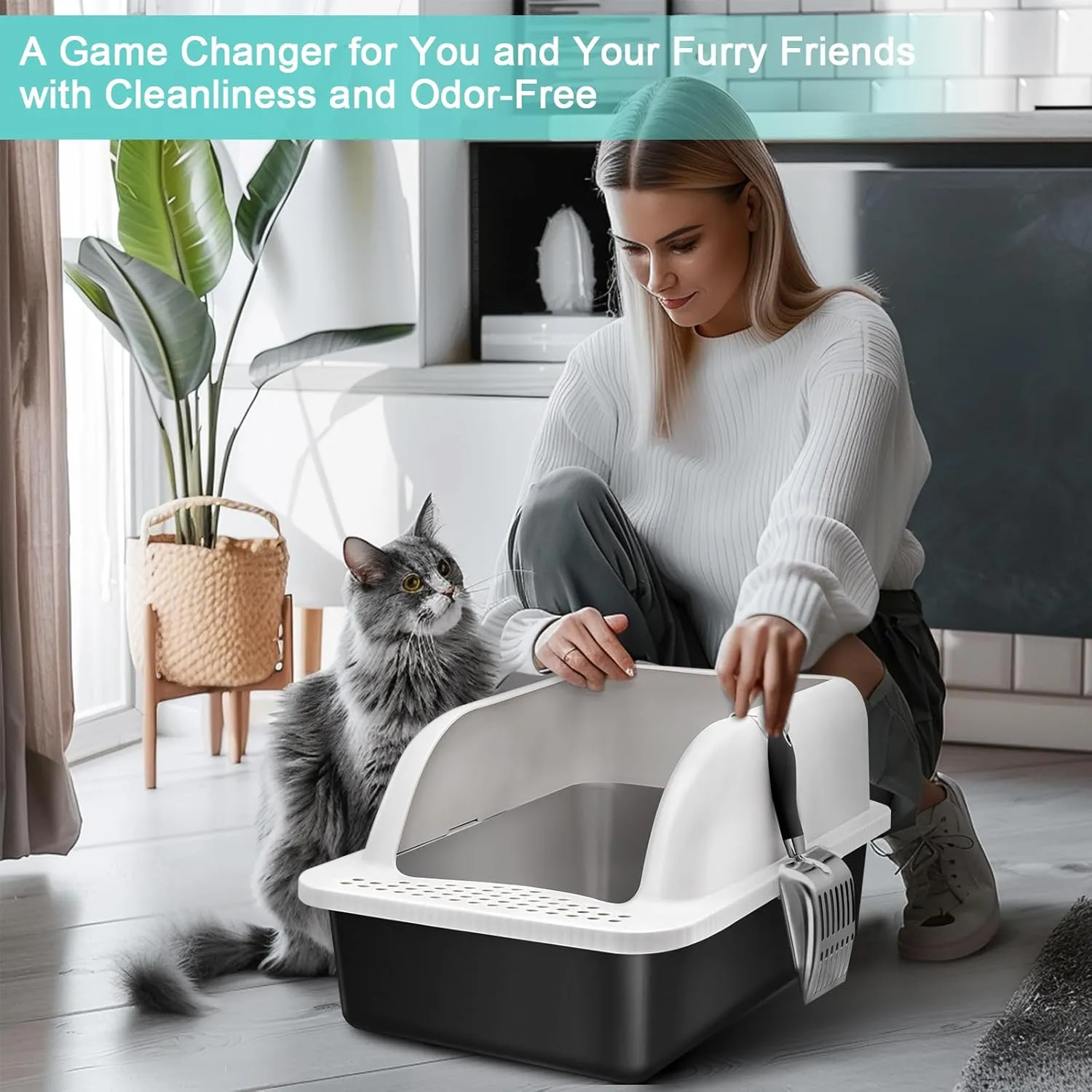 Stainless Steel Cat Litter Box with Lid, XL Extra Large for Big Cats, High Sided Enclosed Anti-Urine Leakage, All-Metal Litter Scoop White Cover(Black Coated)