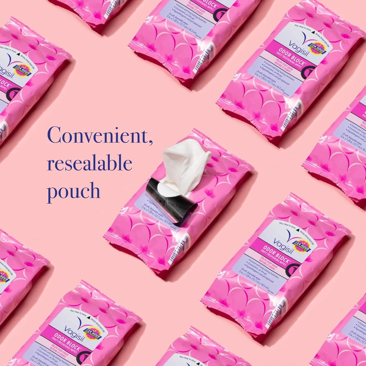 Vagisil Odor Block Daily Freshening Wipes for Feminine Hygiene in Resealable Pouch, Gynecologist Tested & Hypoallergenic, 20 Wipes (Pack of 3)