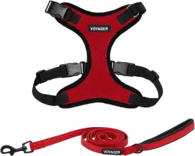 Voyager Step-in Lock Dog Harness w Reflective Dog Leash Combo Set with Neoprene Handle 5ft - Supports Small, Medium and Large Breed Puppies/Cats by Best Pet Supplies - Red/Black Trim, L