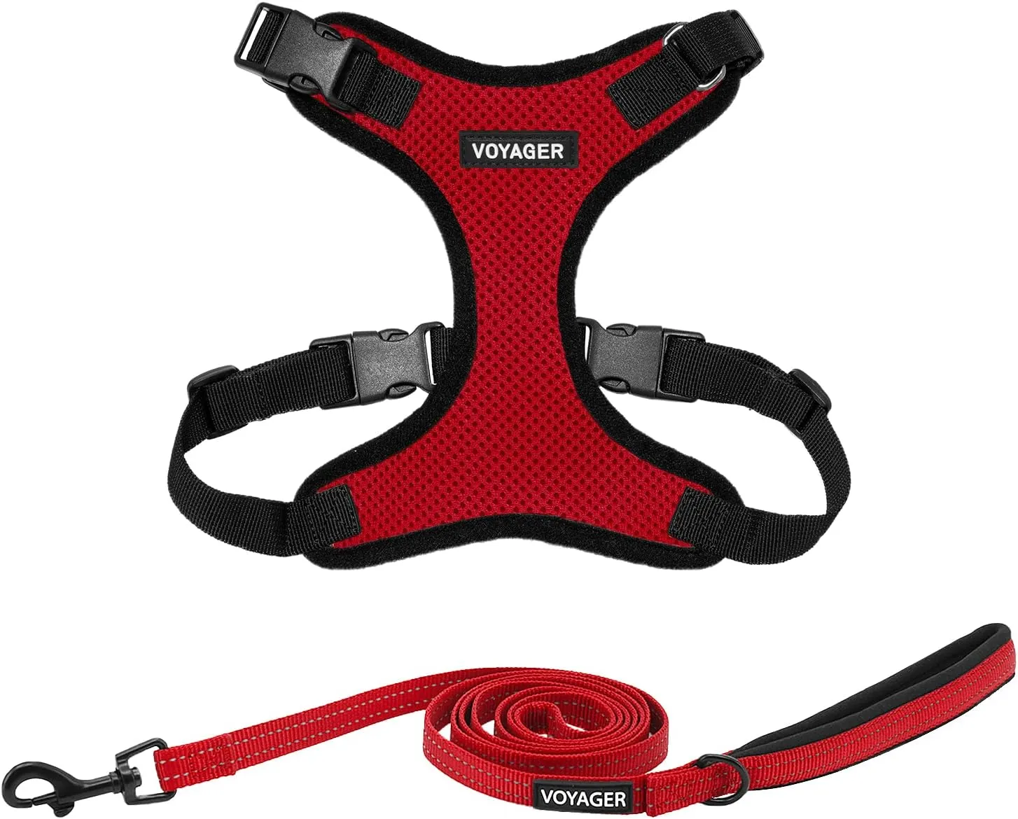 Voyager Step-in Lock Dog Harness w Reflective Dog Leash Combo Set with Neoprene Handle 5ft - Supports Small, Medium and Large Breed Puppies/Cats by Best Pet Supplies - Red/Black Trim, L