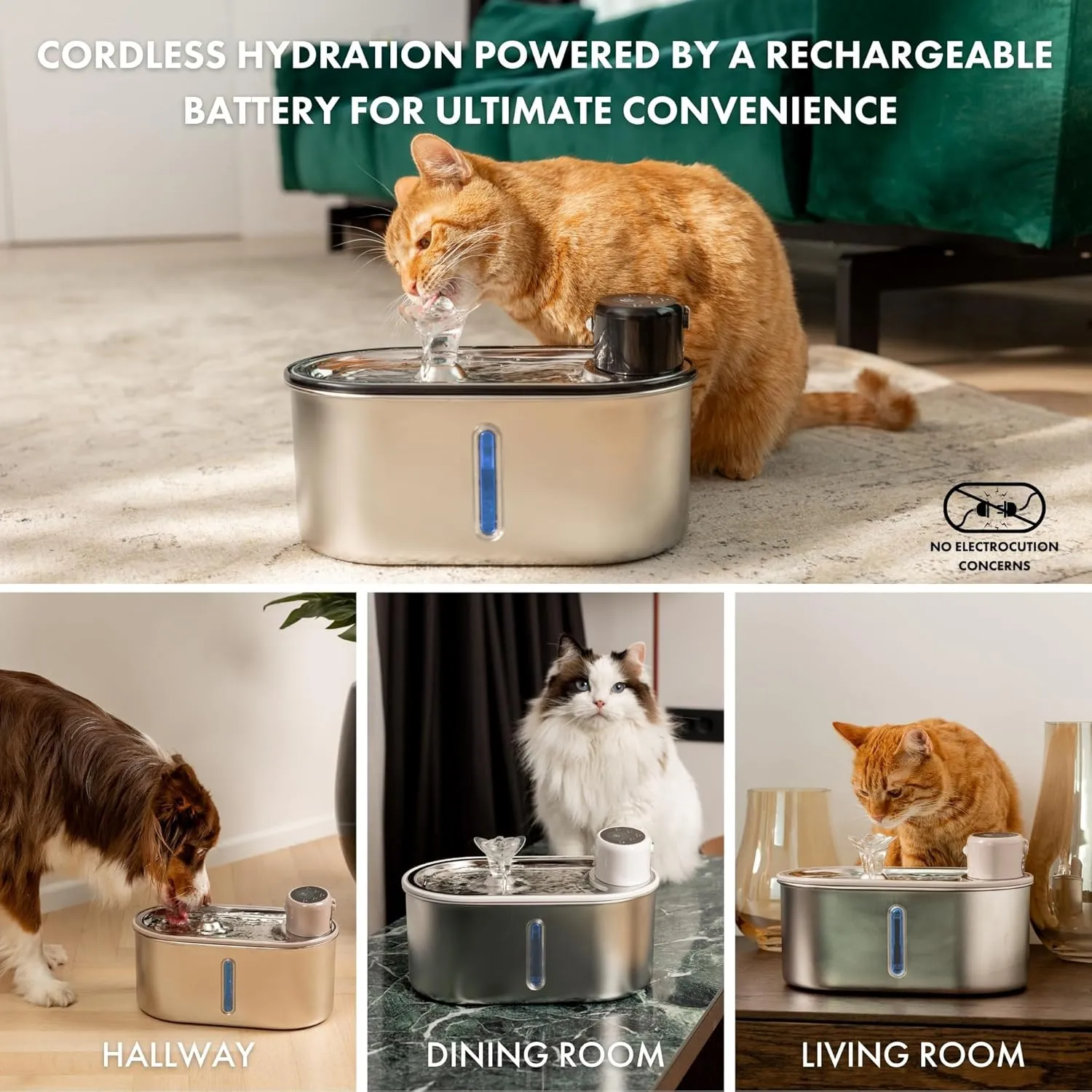 Wireless Cat Water Fountain Stainless Steel, 5200mAh Battery, Ultra Quiet, Automatic Water Dispenser for Cats, 108oz/3.2L, Two Flow Modes, BPA-Free, Multi-Filtration, Includes 2 Filters - Black