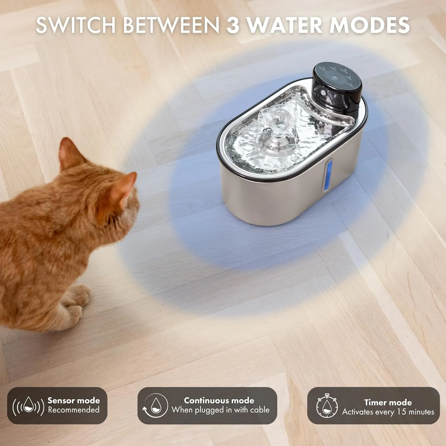 Wireless Cat Water Fountain Stainless Steel, 5200mAh Battery, Ultra Quiet, Automatic Water Dispenser for Cats, 108oz/3.2L, Two Flow Modes, BPA-Free, Multi-Filtration, Includes 2 Filters - Black