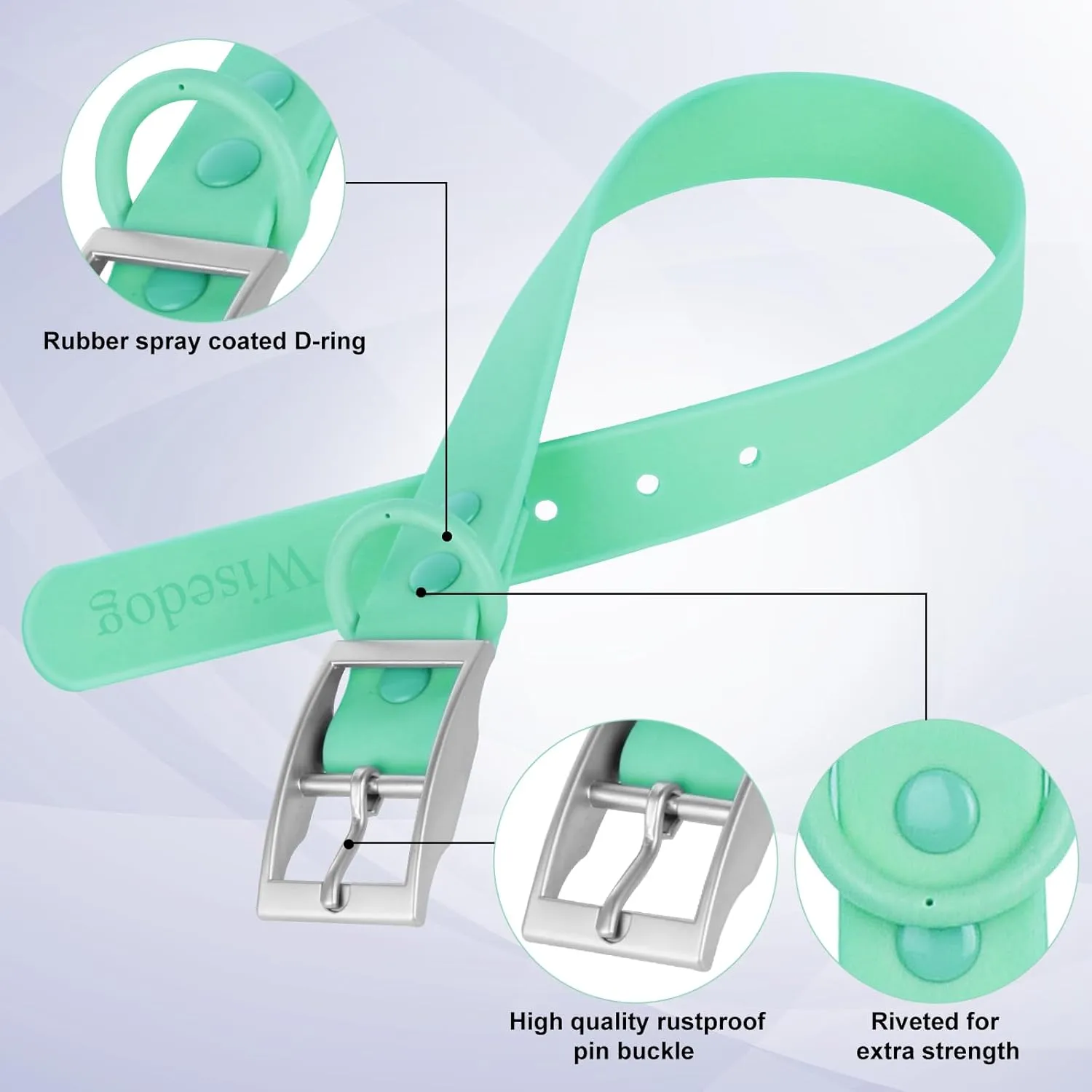 Wisedog Waterproof Dog Collar: Multiple Adjust 7" to 23.6", Soft Rubber Coated Webbing, Easy to Clean, for Small Medium Large Dogs (XS|7"-10"  1/2 in, Mint Green)