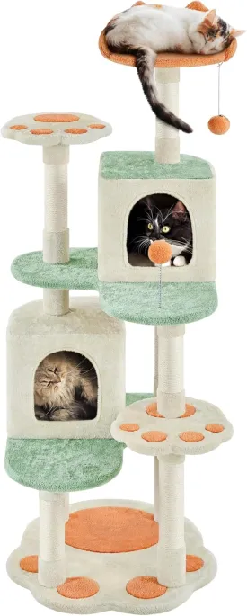 Yaheetech 57.5in Cat Tree Tower, Multi-Functional Activity Center w/Cat Paw-Shaped Platform, Scratching Posts, 2 Condos and Dangling Balls for Indoor Cats to Relax