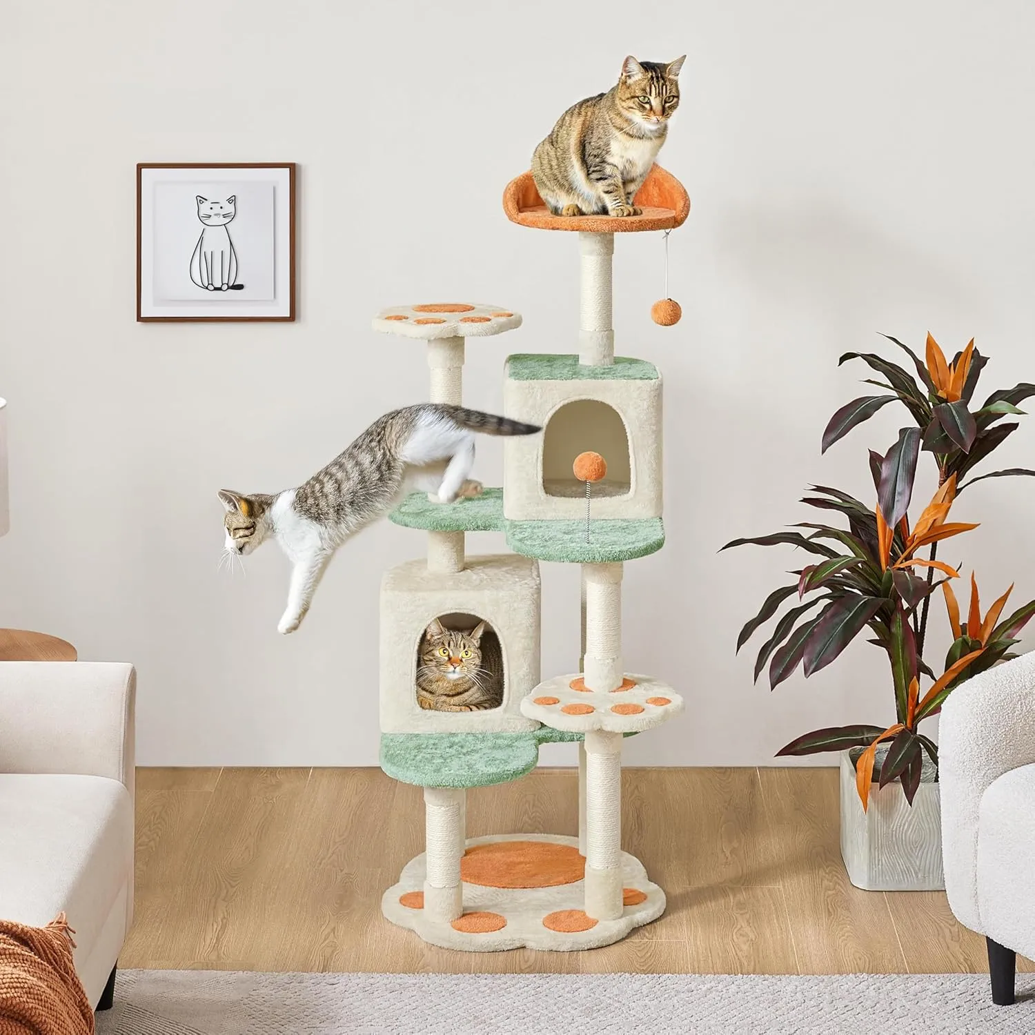 Yaheetech 57.5in Cat Tree Tower, Multi-Functional Activity Center w/Cat Paw-Shaped Platform, Scratching Posts, 2 Condos and Dangling Balls for Indoor Cats to Relax