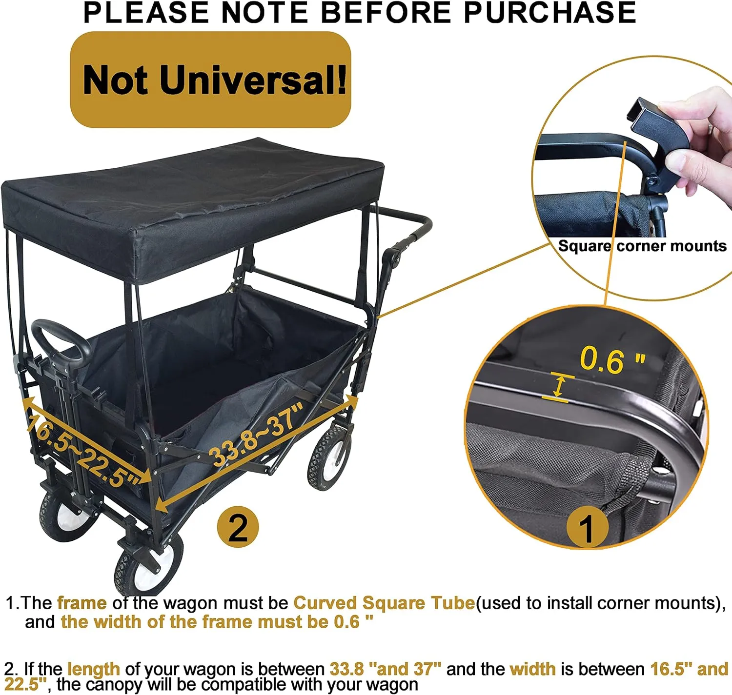 YEEDOIDO C2 Canopy for Wagon Attachment, Awning Shade Cover for Kids Folding Collapsible Beach Utility Push Pull Wagon Cart Replacement Waterproof Removable Foldable Portable Black